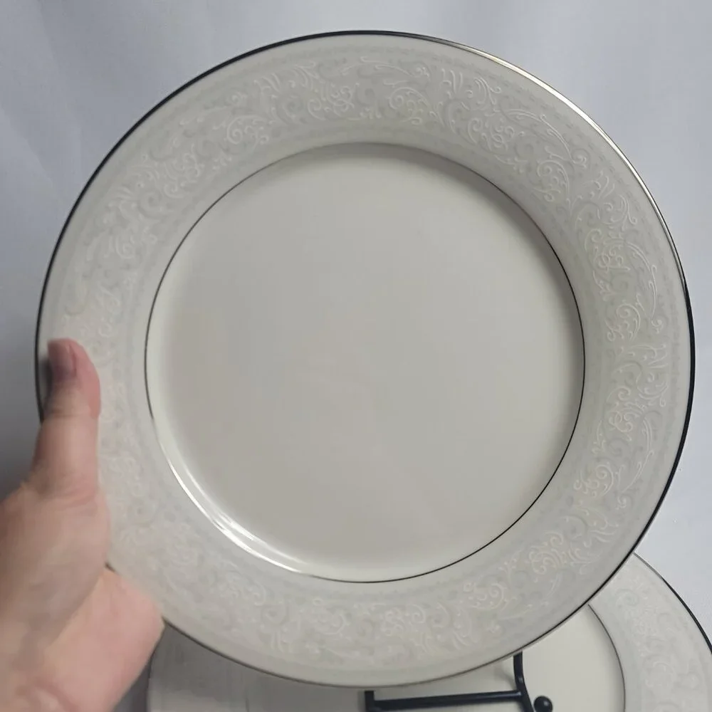 TWO Noritake Trudy Dinner Plates Ivory with Blue & White Scrolls 7087